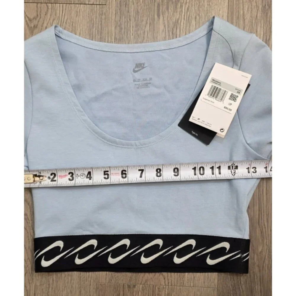 Nike Women's Light‎ Blue Short Sleeve Crop Top Logo Elastic Band XS